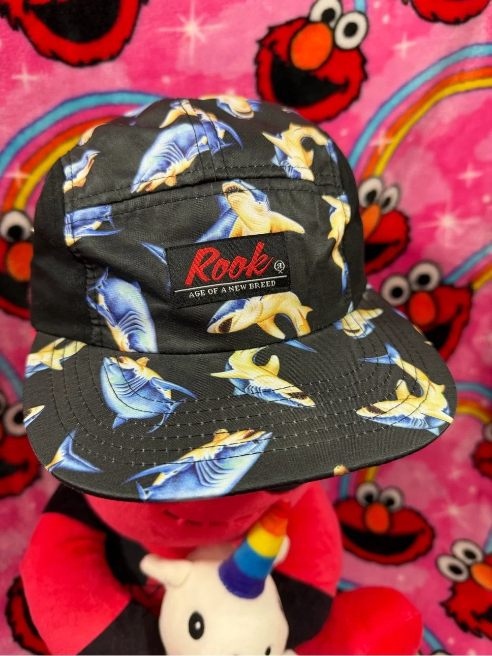 Rook Shark Print 5 Panel Strapback Hat Black Blue Snapback Streetwear Surf Skate